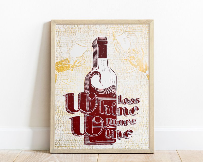 Red and gold Less whine more wine sign wall art Linocut print original artwork - 海報/掛畫/掛布 - 紙 金色