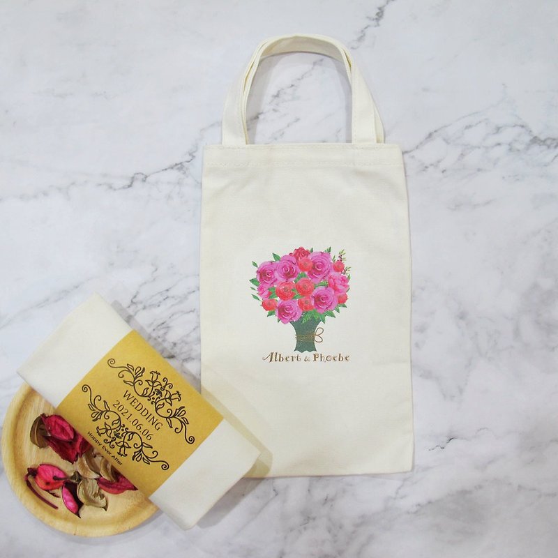 Customized wedding favors, happy portable canvas bag, rose bouquet - กระเป๋าถือ - ผ้าฝ้าย/ผ้าลินิน ขาว