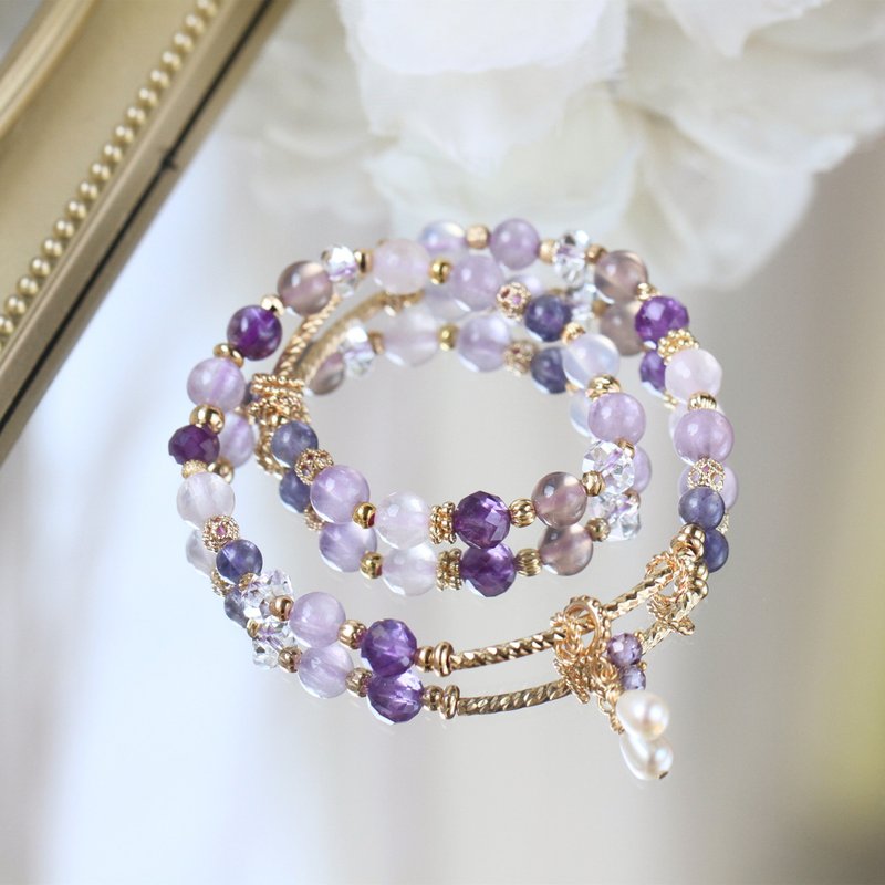 Amethyst, pink quartz, cordierite, noble luck, happiness, health, and relief from stress. Wisteria flowers. Double circle crystal bracelet - Bracelets - Crystal Purple