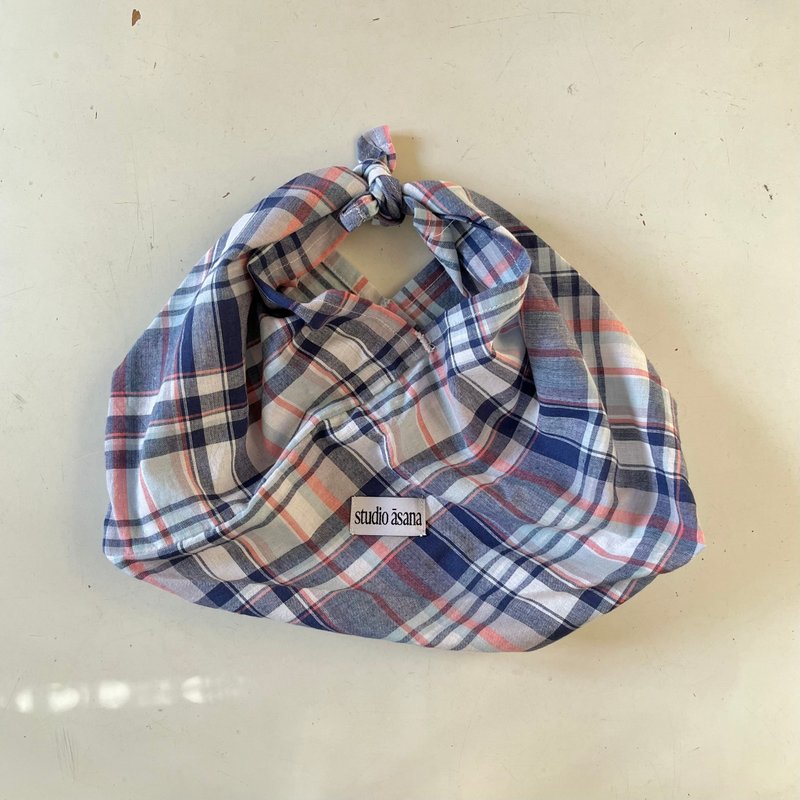 #3 Madras Check Azuma Bag (M) - กล่องข้าว - ผ้าฝ้าย/ผ้าลินิน สีน้ำเงิน