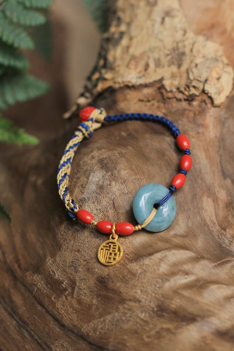 Spring and Autumn Handmade Rope | High Content Raw Mineral Sand Guatemala Jade Peace Buckle Bracelet with Fu Characters - สร้อยข้อมือ - หยก 