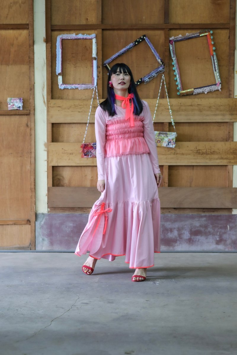 Pink and pink gathered skirt - กระโปรง - ผ้าฝ้าย/ผ้าลินิน สึชมพู