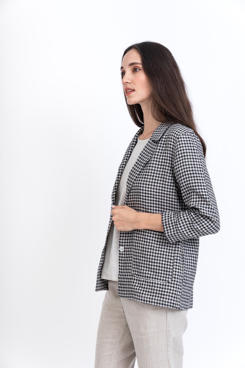 Long Sleeve Blazer  Brown check pattern Linen - 女襯衫 - 棉．麻 咖啡色