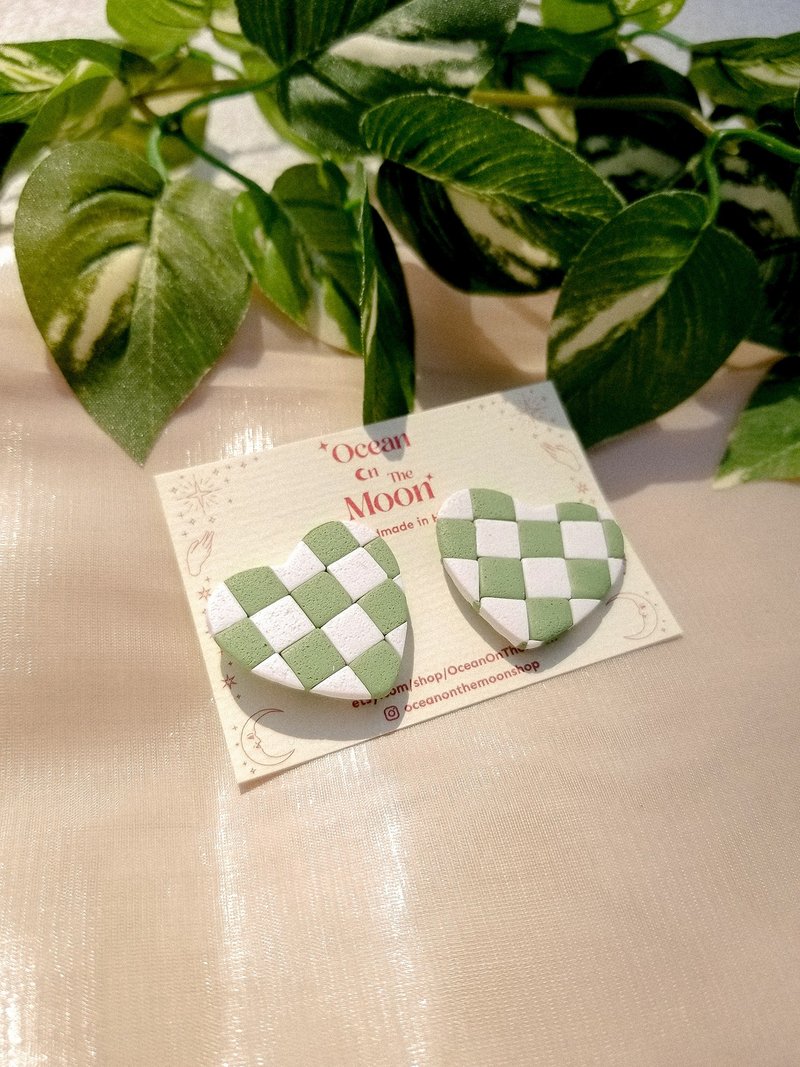 Sage Checkered Big Heart Polymer Clay Stud Earrings/Clip On Earrings - ต่างหู - ดินเผา สีเขียว