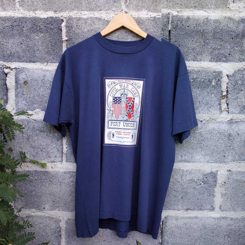 Vintage 90s  Civil War History Camp Fort Union Graphic T-shirt  XL USA Made - 男 T 恤 - 棉．麻 藍色