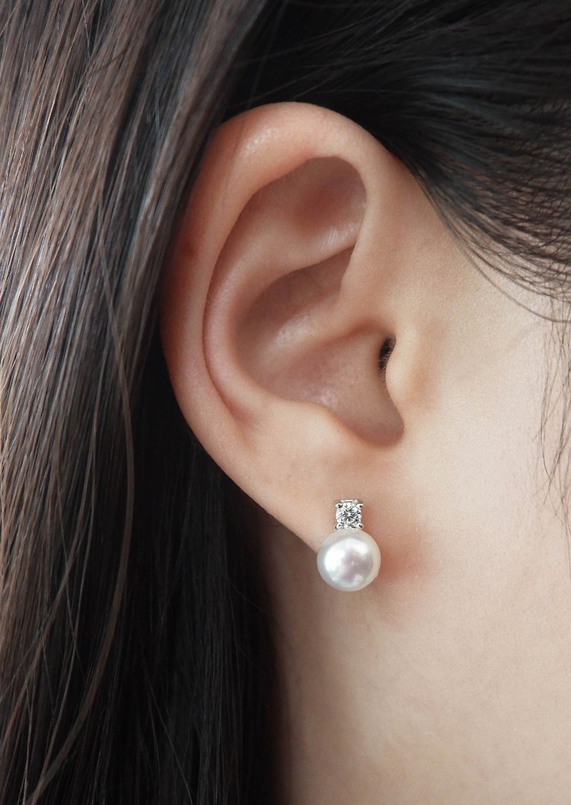Diamond Pearl Stud Earrings Freshwater Pearl Earrings Diamond Pearl Earrings - 耳環/耳夾 - 純銀 