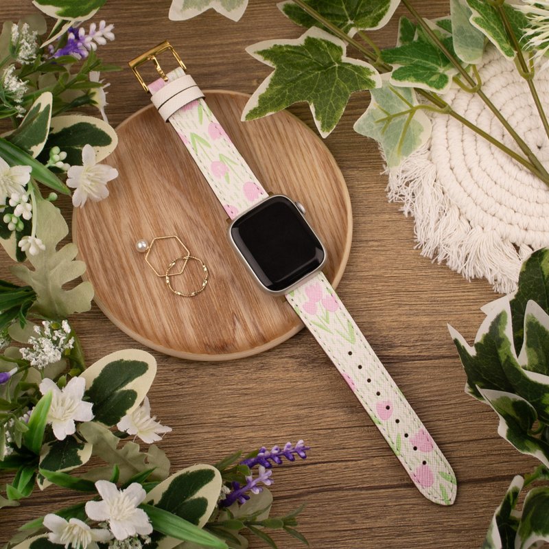 粉紅色鬱金香印花白色蘋果錶帶Apple Watch 4/5/6/7/8/9/SE/Ultra - 錶帶 - 真皮 白色