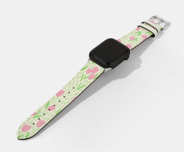 ピンクチューリップ プリント ホワイト Apple Watch ストラップ