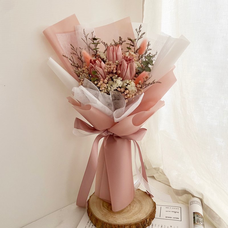 乾燥花束|祝賀 生日 情人節 花束|蓪草向鬱金香花束M/L|3色可選 - 乾燥花/永生花 - 植物．花 多色