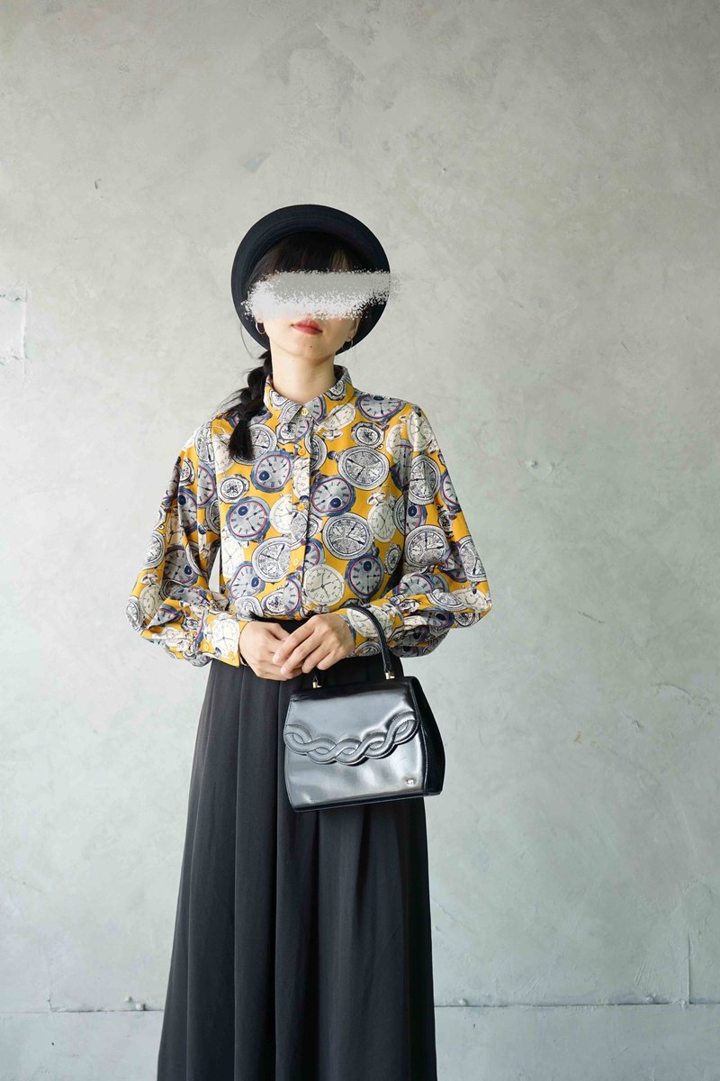 尋寶古著-時間的詩時鐘手繪印花黃色復古澎袖襯衫 - 女裝恤衫 - 聚酯纖維 橘色