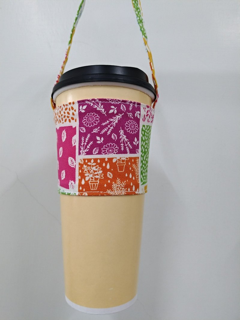 Beverage Cup Holder, Green Cup Holder, Hand Beverage Bag, Coffee Bag Tote Bag-Forest Style (Pink Peach) - Beverage Holders & Bags - Cotton & Hemp 