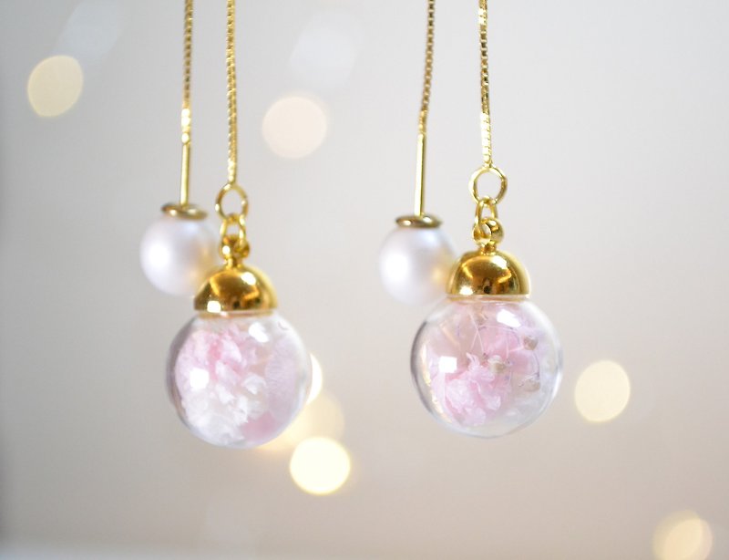 Dried Flower with Glass Bubble S925 Threader Earrings  - Earrings & Clip-ons - Plants & Flowers Pink