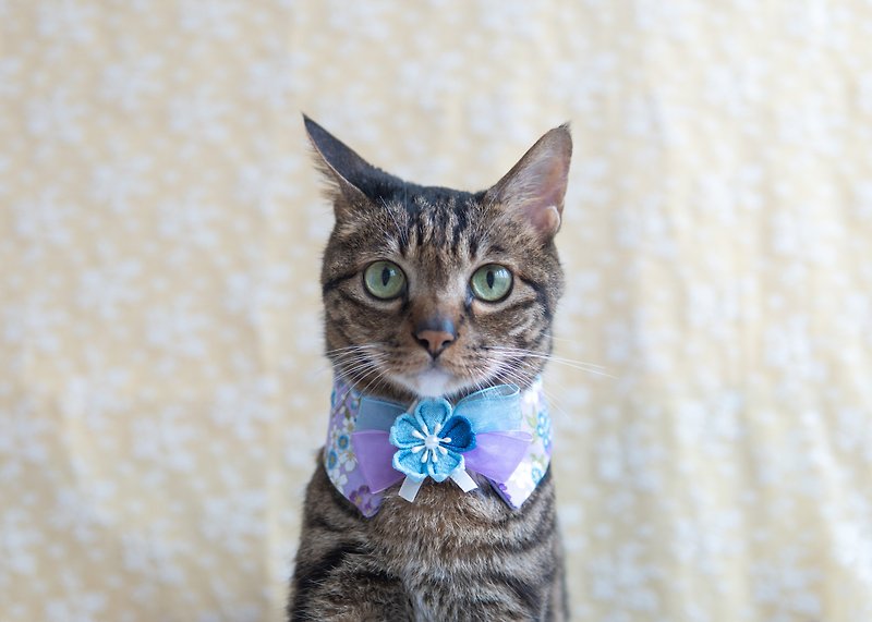 【Sakura・さくら Series】Pet Scarf Cat/Dog Calico Flower-Purple - Collars & Leashes - Cotton & Hemp Purple