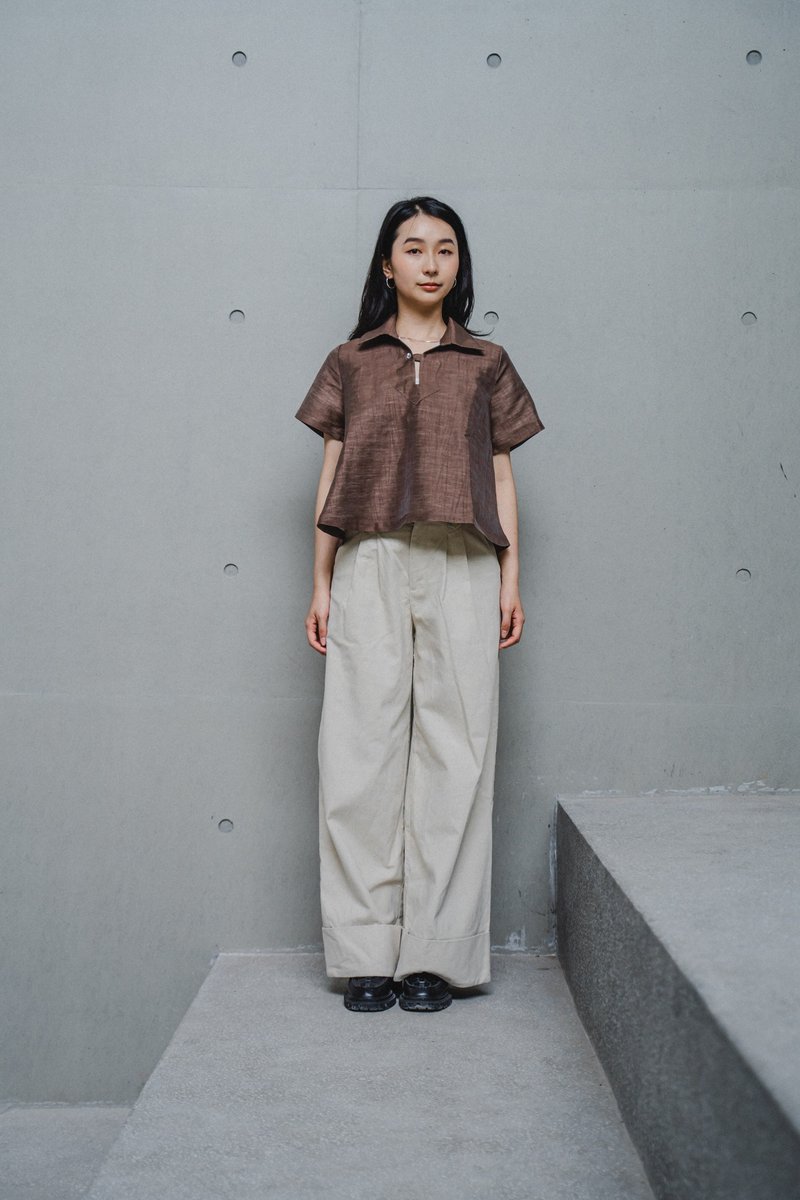 亞麻 Polo 襯衫 - 女上衣/長袖上衣 - 棉．麻 咖啡色