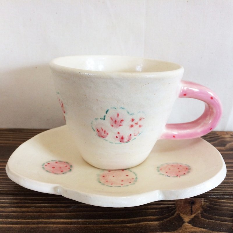 粉紅點點貓掌馬克杯盤組 - 咖啡杯 - 瓷 