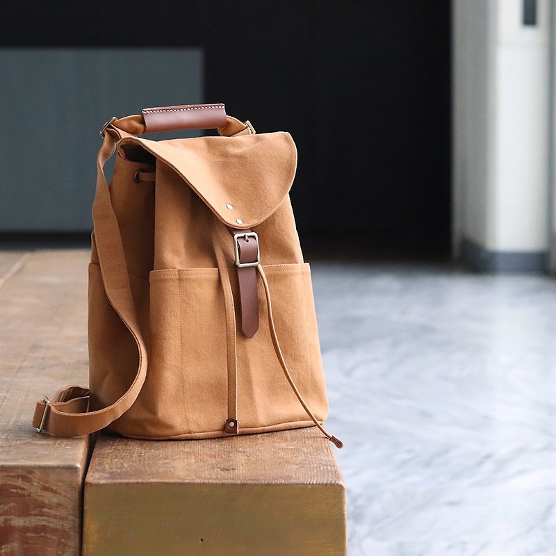 Three-purpose Backpack (Leather) - Japanese Canvas/ Tarpaulin/ Back/ Shoulder - Backpacks - Cotton & Hemp 