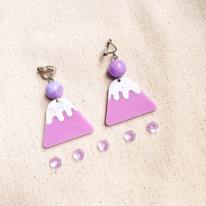 Purple Purple Mount Fuji / Earrings Ear Hook Ear Clips - ต่างหู - อะคริลิค สีม่วง