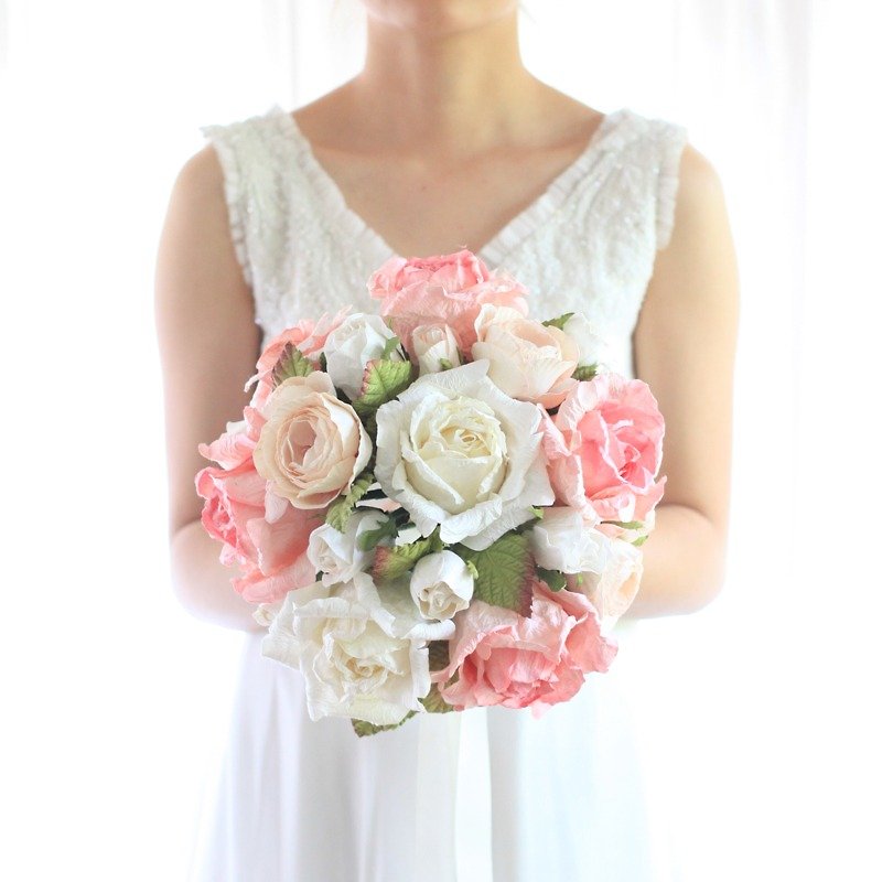 MB115 : ช่อดอกไม้เจ้าสาว สำหรับถือในงานแต่งงาน ในโทนสีชมพูครีม - งานไม้/ไม้ไผ่/ตัดกระดาษ - กระดาษ สึชมพู