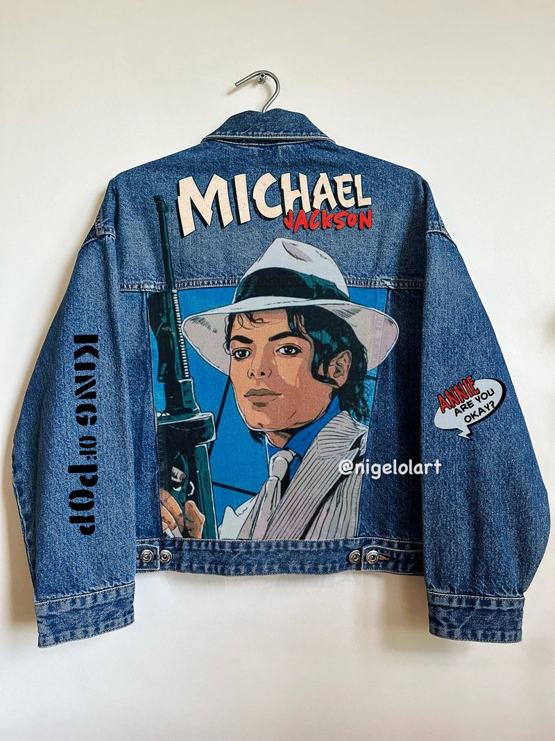 Painted Denim Jacket King of pop Michael Jackson Custom jacket blue jean comics - 女大衣/外套 - 棉．麻 藍色