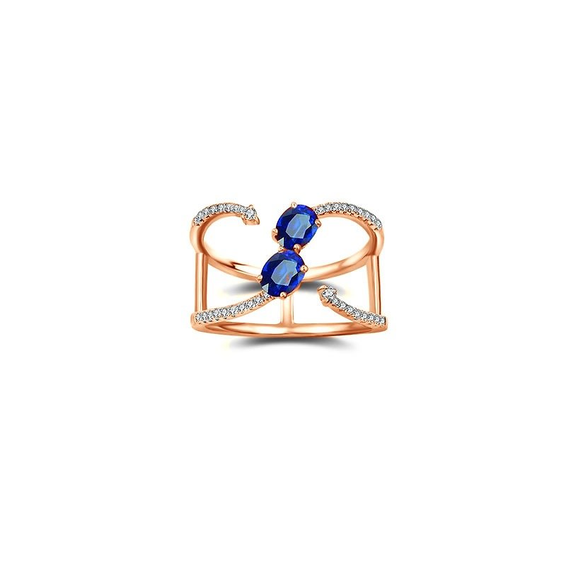 Double Sapphire Connected Diamond Ring - แหวนทั่วไป - เครื่องเพชรพลอย สีน้ำเงิน