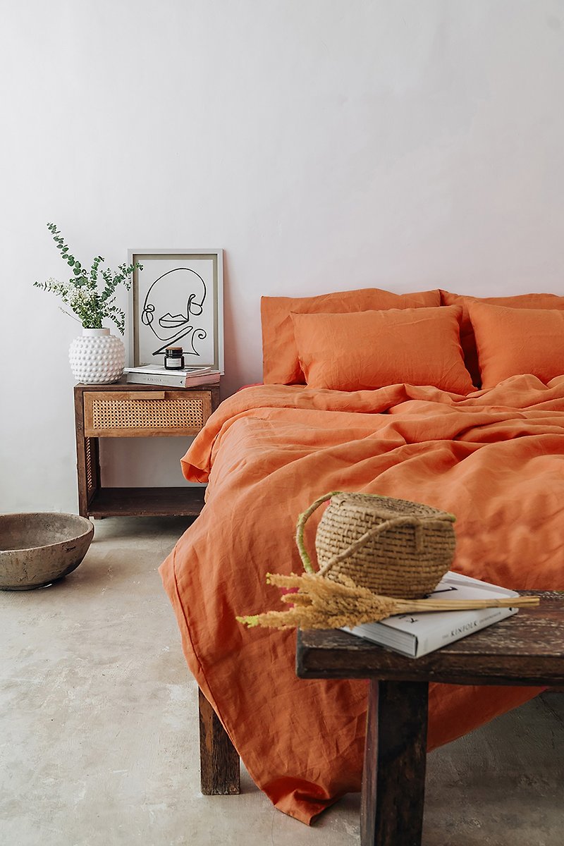 Burnt orange linen duvet cover / Softened linen / Comforter cover / Quilt cover - เครื่องนอน - ลินิน สีส้ม