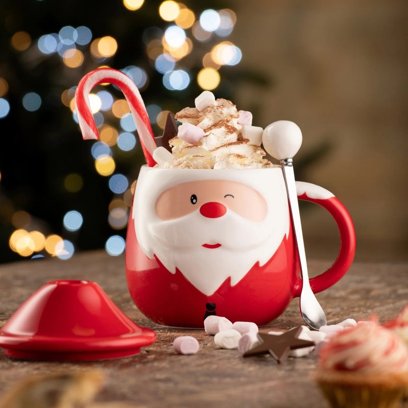 Ireland Belleek Living Christmas Series Ceramic Mug with Lid + Stirring Spoon 350ml - แก้วมัค/แก้วกาแฟ - เครื่องลายคราม สีแดง