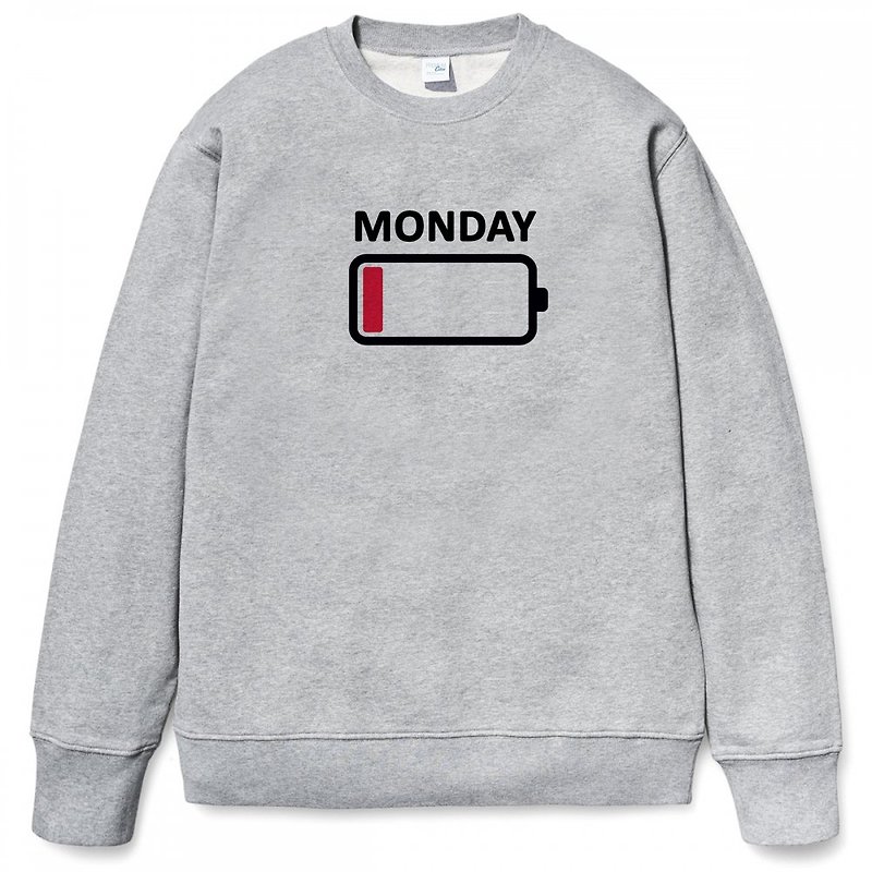 MONDAY BATTERY 大學T 刷毛 中性版 灰色 星期一電池電量沒電 - T 恤 - 棉．麻 灰色