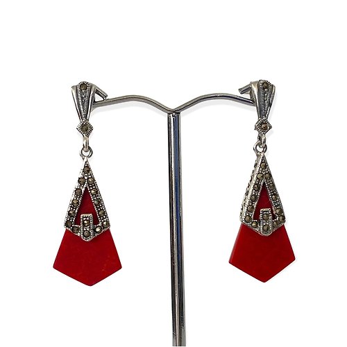 alisadesigns Art Deco Style Red Coral with Marcasite Drop Earrings / Set 925 Sterling Silver