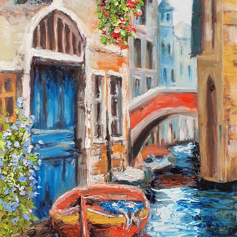 Venice Painting Boat Italy Original Art Grand Canal Flowers Citscape City Houses - 海報/掛畫/掛布 - 其他材質 多色