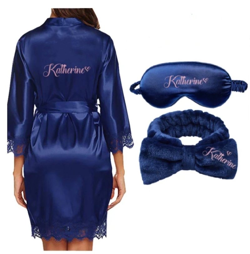 [Customized gift] Bridal Shower bronzing bathrobe/nightgown + eye mask + headband - Loungewear & Sleepwear - Silk White