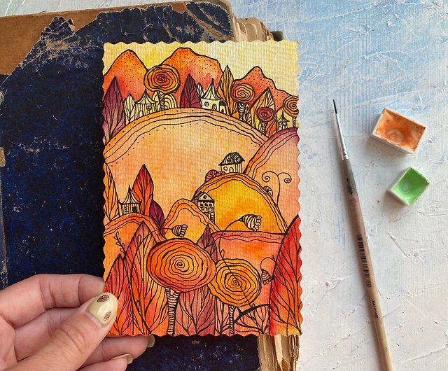 秋の絵画 ミニ オリジナル水彩カード 小さなアート作品
