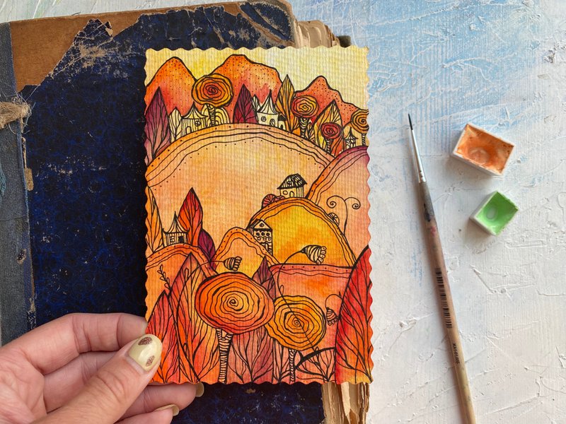 Autumn painting Mini Original watercolor card Small artwork Miniature art - โปสเตอร์ - กระดาษ สีส้ม