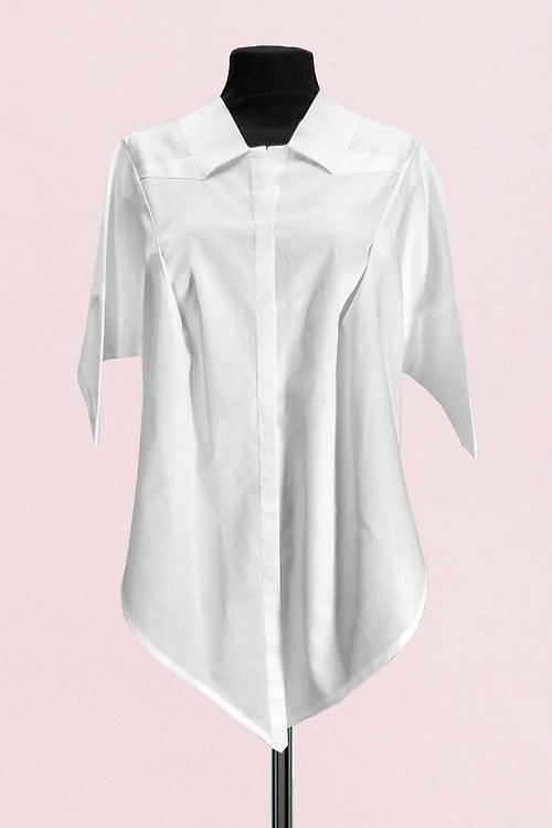 White simple geometric origami shirt back origami invisible button design  loose Japanese long-sleeved shirt - Shop raner47 Women's Shirts - Pinkoi