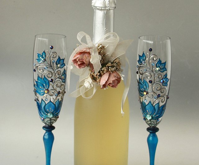 Blue Flowers Wine Glasses, Swarovski Crystals Hand-paintedsetof 2 - Shop  NeA Glass Bar Glasses & Drinkware - Pinkoi