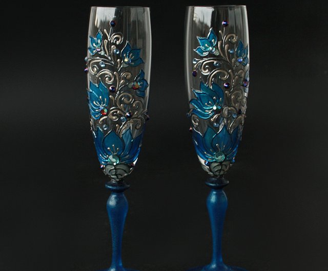 Blue Flowers Wine Glasses, Swarovski Crystals Hand-paintedsetof 2 - Shop  NeA Glass Bar Glasses & Drinkware - Pinkoi