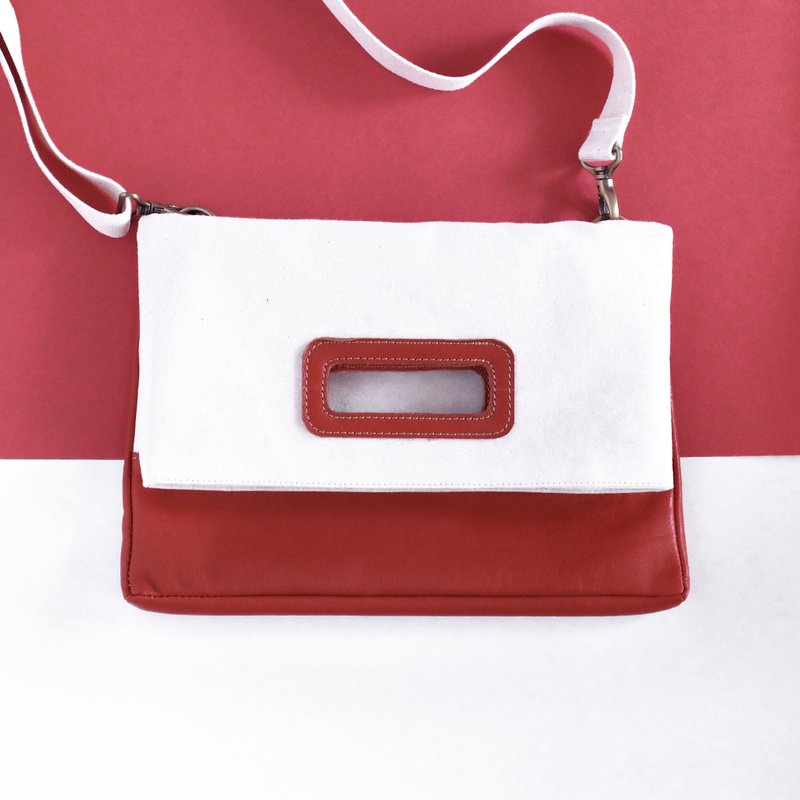 Canvas stitching cowhide multi-purpose envelope bag-embryo cloth rice / cowhide coffee red - Messenger Bags & Sling Bags - Genuine Leather Red