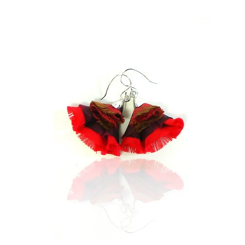 laorr Thai silk Earrings (Size : S) BB collection Red-BLack-Silver Color metal