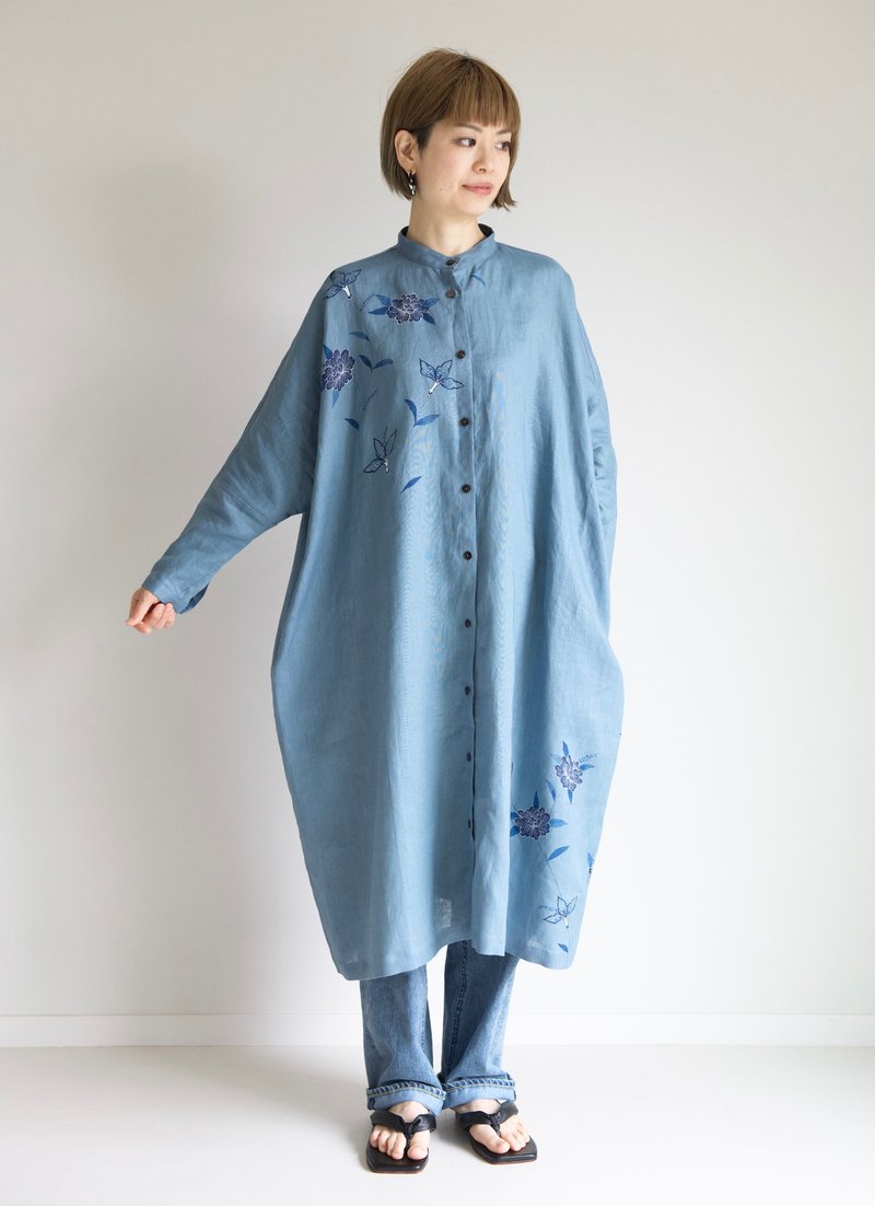 スタンドカラーシャツドレス　更紗・牡丹 - 女襯衫 - 棉．麻 藍色