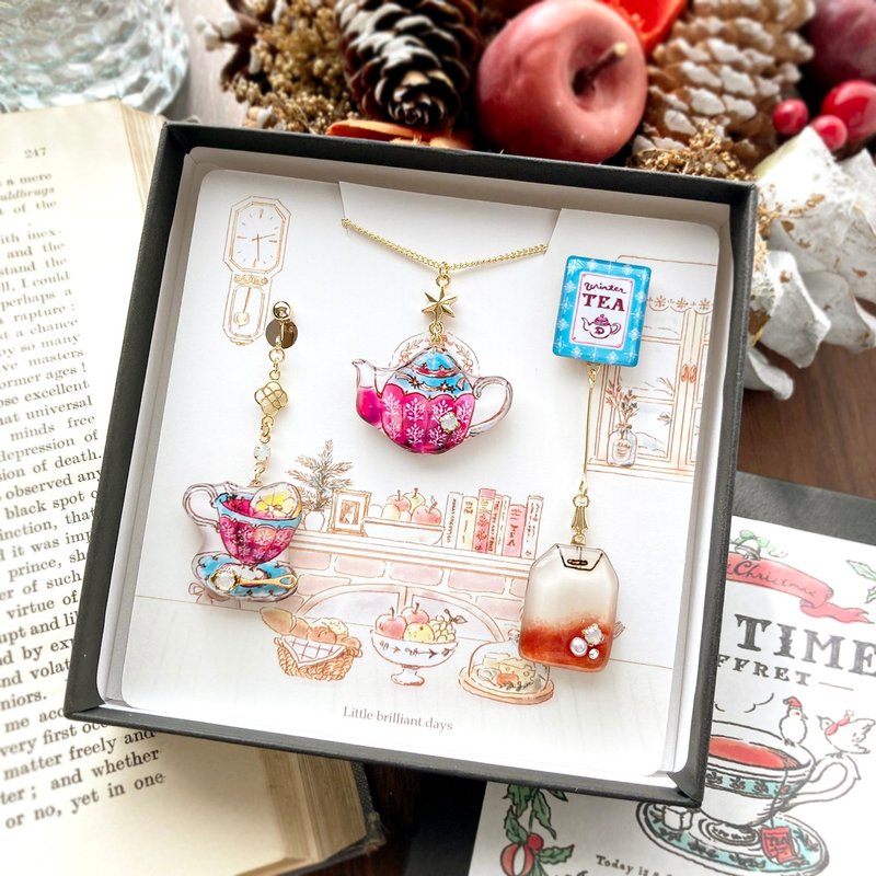 Teatime Christmas Coffret 【PinkTea】クリスマスコフレ【ピンクティー】ティーカップのイヤリング・ピアスとネックレス - 耳環/耳夾/耳骨夾 - 塑膠 粉紅色