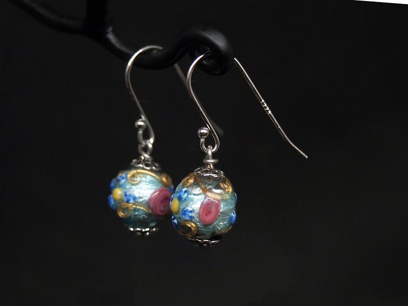 #GE0023 Murano Wedding Cake Glass Beads Earring - Earrings & Clip-ons - Glass Blue