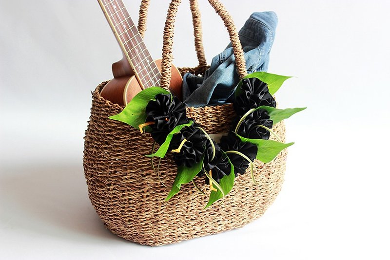ukulele bag(black flower included)ukulele case,straw bag - 手袋/手提袋 - 木頭 黑色