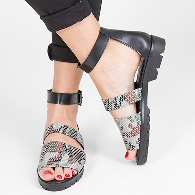 Andre Military Print Sandal - Sandals - Genuine Leather Green