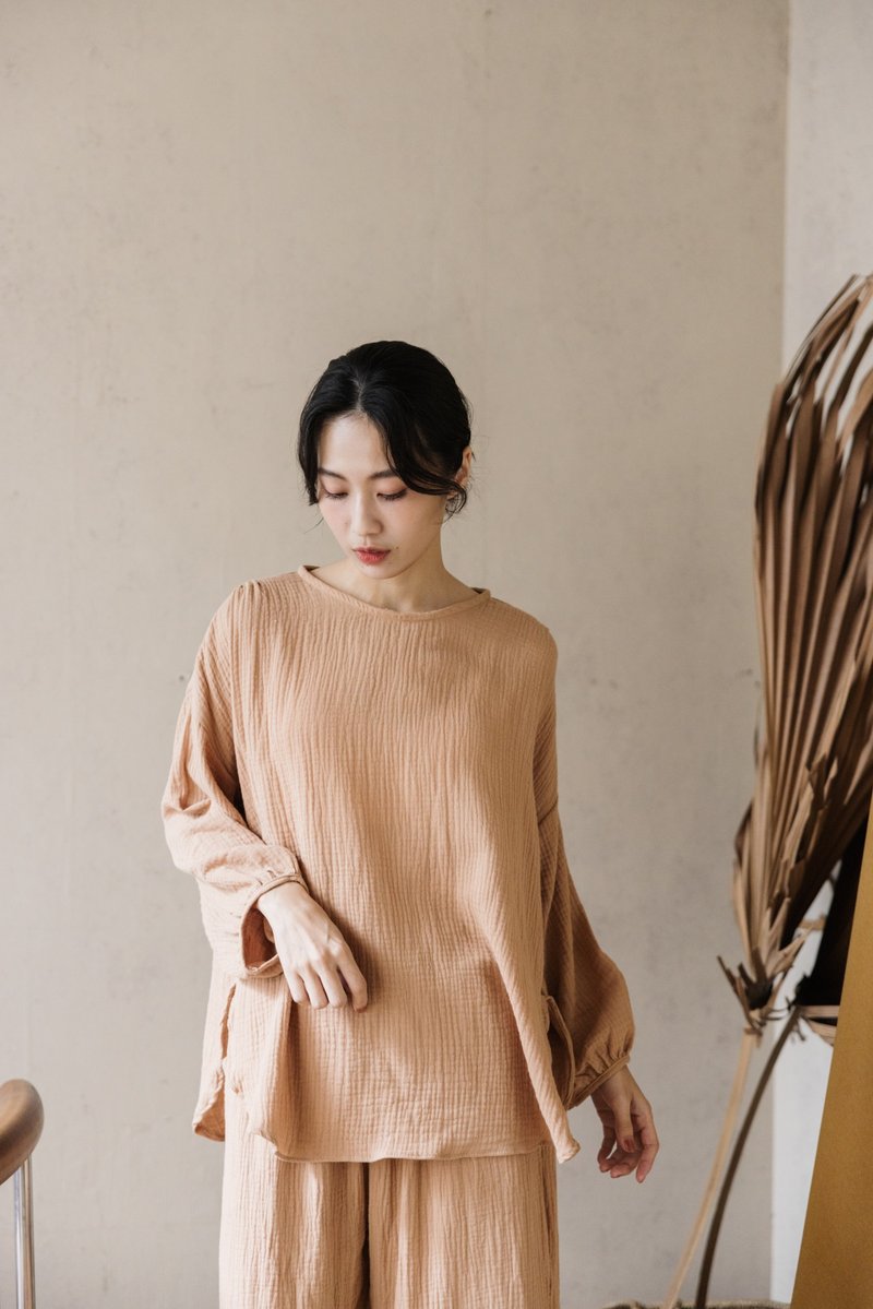 長袖圓領後綁帶上衣_晨光橙 - 女上衣/長袖上衣 - 棉．麻 橘色