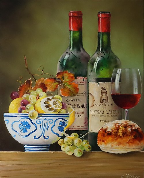 オリジナルの静物画油絵フルーツとワインのボトルリアルなアートワーク 