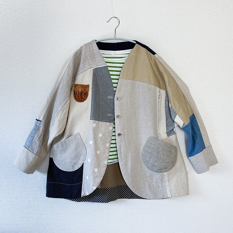 honakana patchwork linen jacket - เสื้อแจ็คเก็ต - ผ้าฝ้าย/ผ้าลินิน ขาว