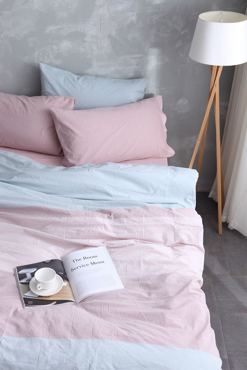 Natural washed quilt cover bed bag pillowcase set - blue x powder - Bedding - Cotton & Hemp Pink