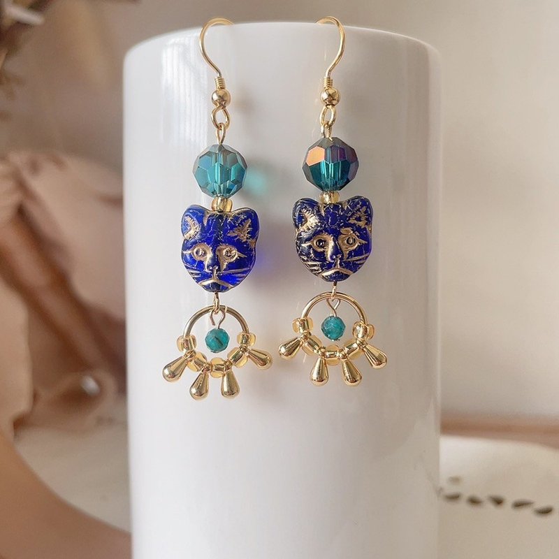 Vintage Cat Bronze Earrings Cat Dancer Blue Cat - ต่างหู - ทองแดงทองเหลือง สีน้ำเงิน