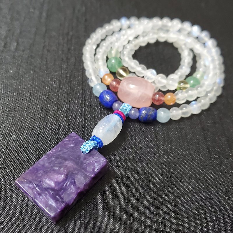 Natural Blue Moonstone Purple Dragon Crystal Peace and Nothing Sign Rainbow 108 Bracelet Rosary 6mm - สร้อยข้อมือ - เครื่องเพชรพลอย หลากหลายสี