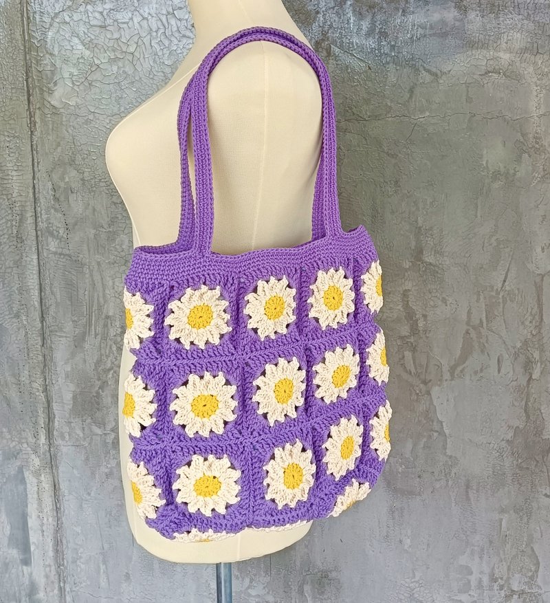 Granny Square flowers crocheted bag - 手提包/手提袋 - 棉．麻 