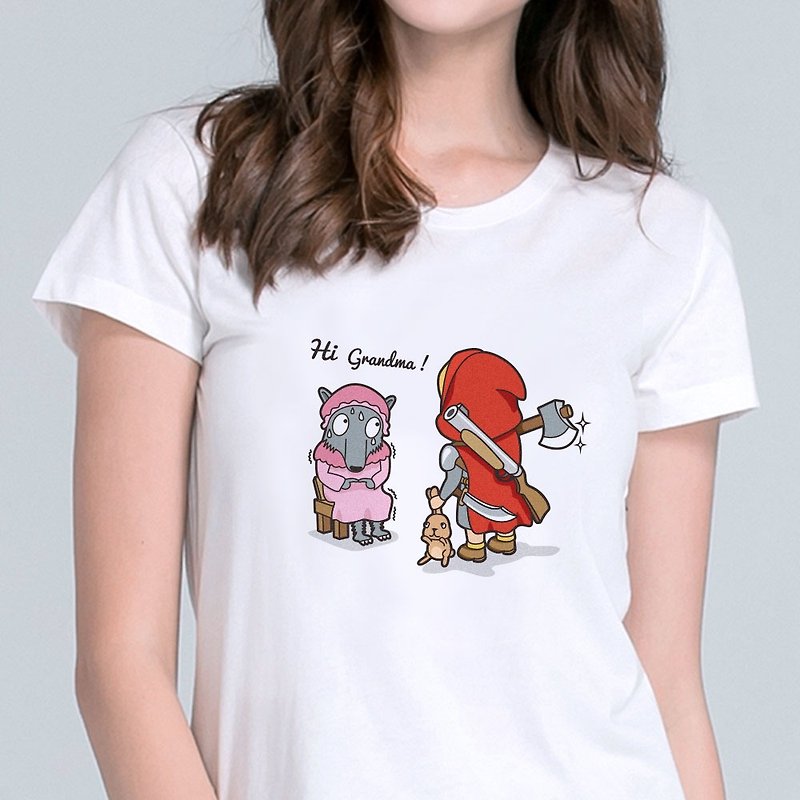 Red Riding Hood and Little Wild Wolf original illustration short-sleeved cotton T-shirt-white - Women's T-Shirts - Cotton & Hemp White
